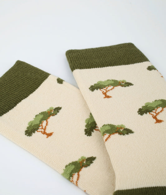 Chaussettes fantaisie beige et kaki en coton biologique à motif de pins et de parasol. Fabriquées en Europe, elles offrent un confort optimal grâce à leurs zones renforcées et leurs finitions plates sans couture.