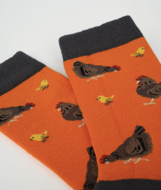 Chaussettes fantaisie en coton biologique orange avec motif de poules et poussins