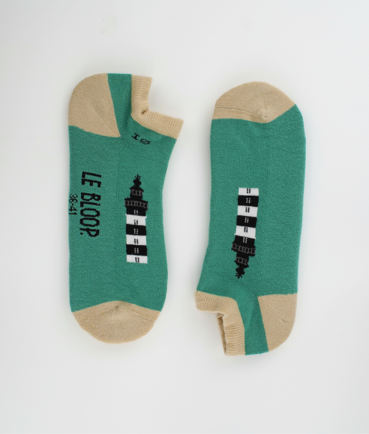 Socquettes fantaisie en coton biologique vertes avec motif de phares du bord de mer