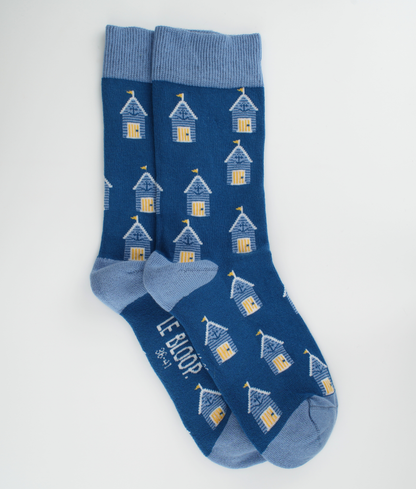 Chaussettes fantaisie en coton biologique avec motif de cabines de plage bleues