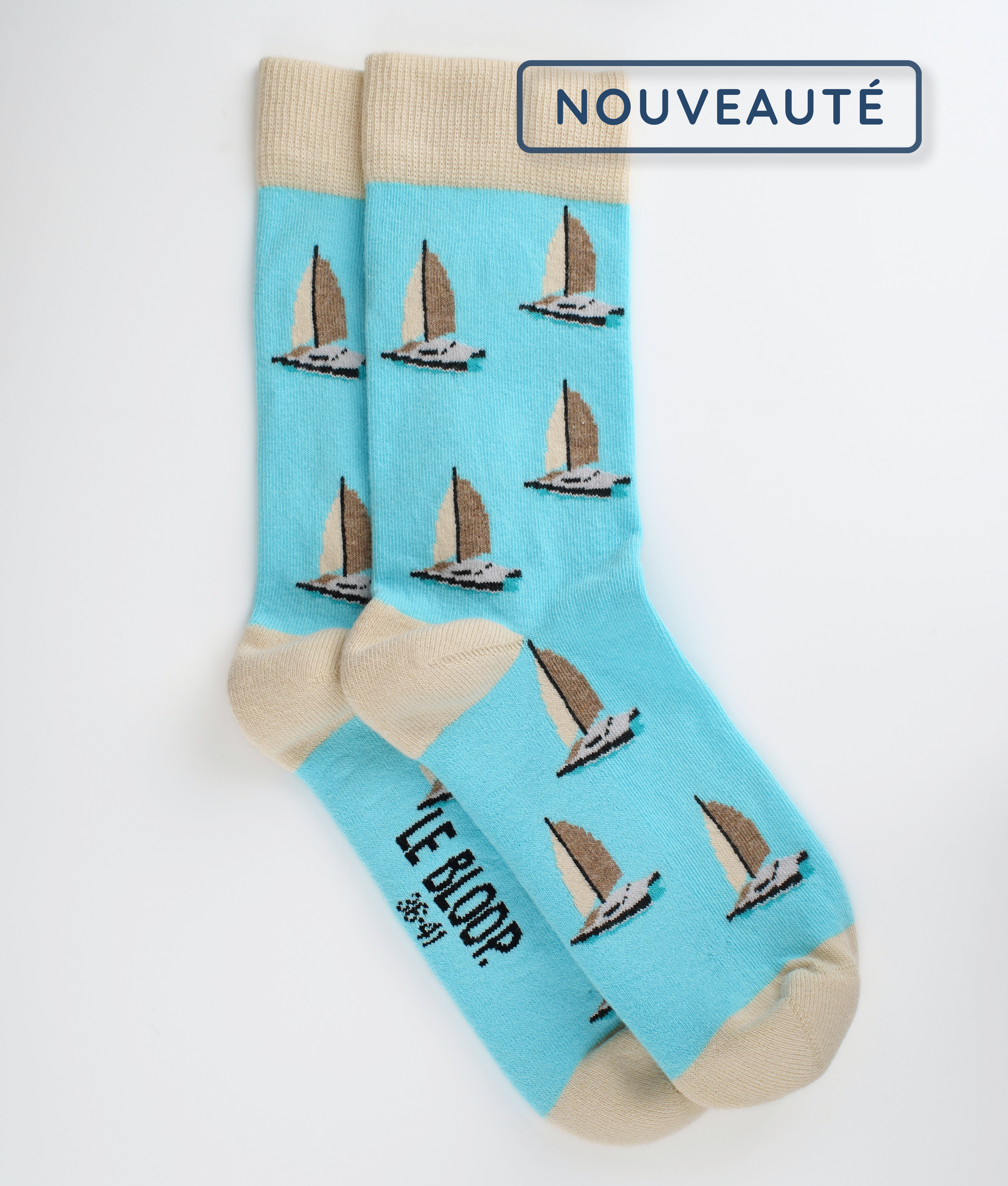 Chaussettes fantaisie en coton biologique bleues avec motif de catamaran