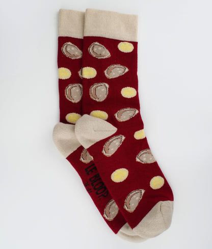 Chaussettes fantaisie en coton biologique bordeaux avec motif d'huîtres et de citrons