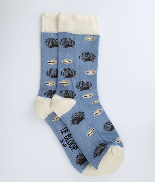 Chaussettes fantaisie bleues à motif de coquillages beige.