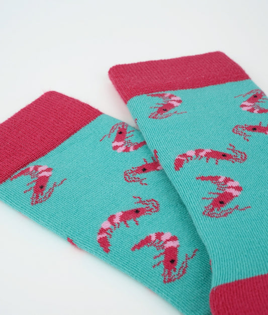 Chaussettes fantaisie en coton biologique turquoise et roses avec motif de crevettes