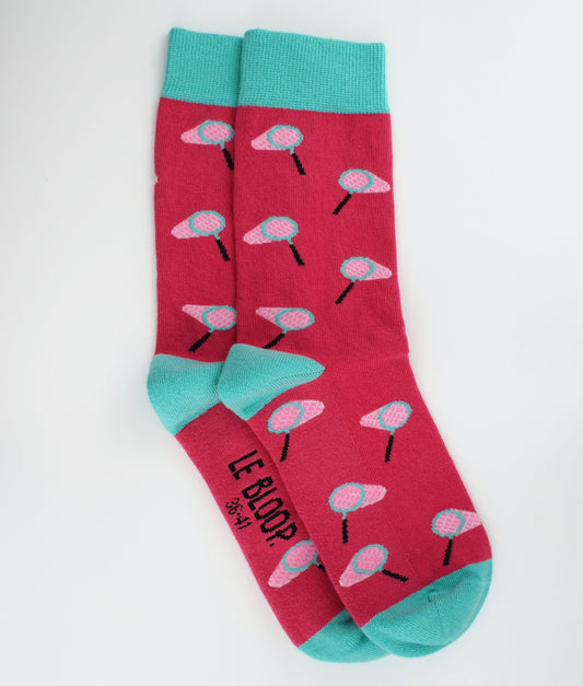 Chaussettes fantaisie en coton biologique roses et turquoise avec motif d'épuisettes.