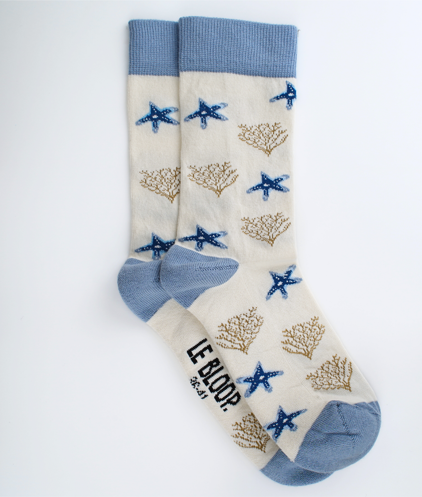 Chaussettes fantaisie en coton biologique beiges avec motif d'étoiles de mer et coraux