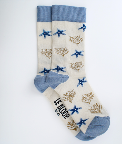 Chaussettes fantaisie en coton biologique beiges avec motif d'étoiles de mer et coraux
