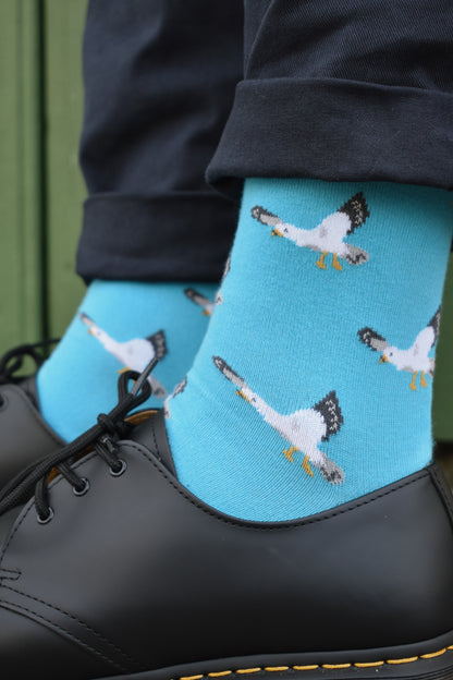 Chaussettes fantaisie en coton biologique avec motif de mouettes bleues