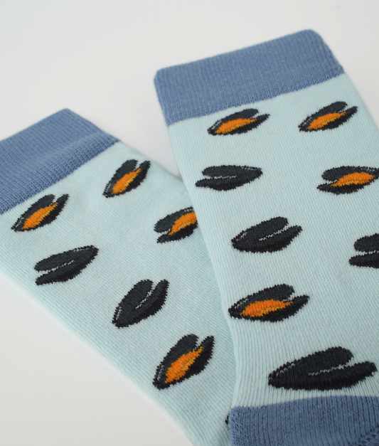 Chaussettes fantaisie en coton biologique avec motif de moules bleues