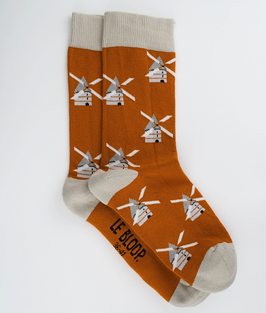 Chaussettes fantaisie en coton biologique orange avec motif de moulins à vent