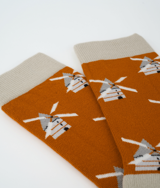 Chaussettes fantaisie en coton biologique orange avec motif de moulins à vent