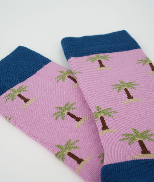 Chaussettes fantaisie en coton biologique roses avec motif de palmiers