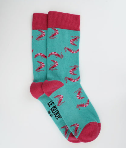 Chaussettes fantaisie en coton biologique turquoise et roses avec motif de crevettes