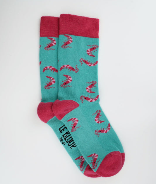 Chaussettes fantaisie en coton biologique turquoise et roses avec motif de crevettes