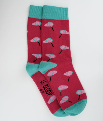 Chaussettes fantaisie en coton biologique roses et turquoise avec motif d'épuisettes