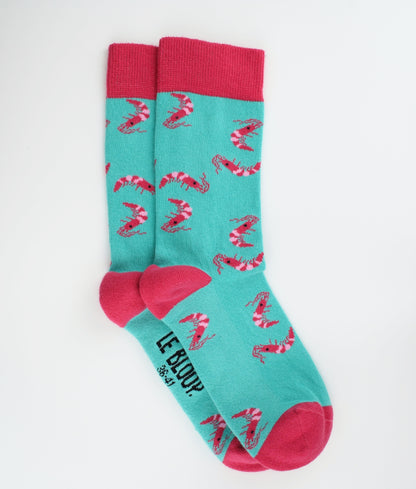 Chaussettes fantaisie en coton biologique turquoise et roses avec motif de crevettes