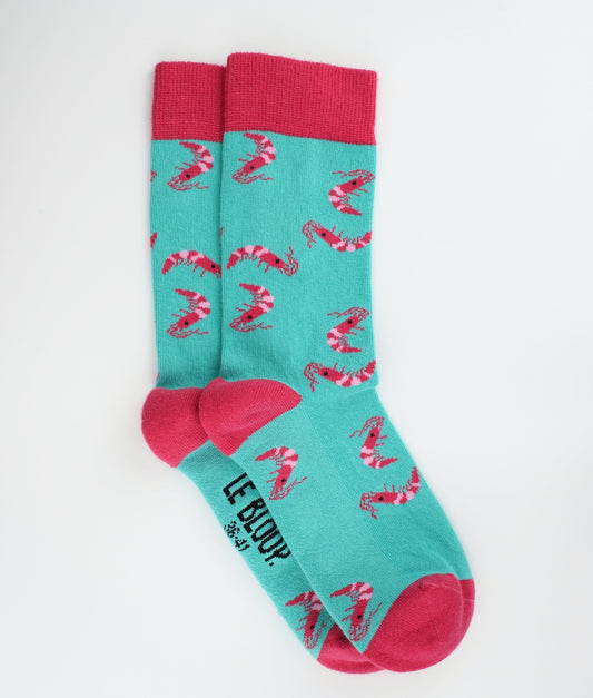 Chaussettes fantaisie en coton biologique turquoise et roses avec motif de crevettes