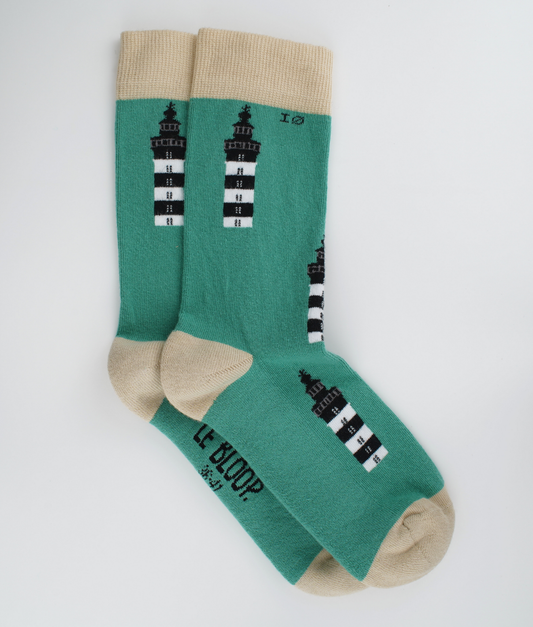 Chaussettes fantaisie en coton biologique vertes avec motif de phares du bord de mer d'Oléron