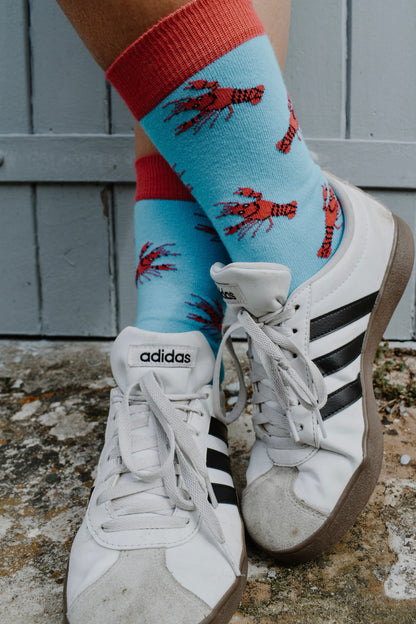 Chaussettes fantaisie en coton biologique bleues avec motif de homards rouges