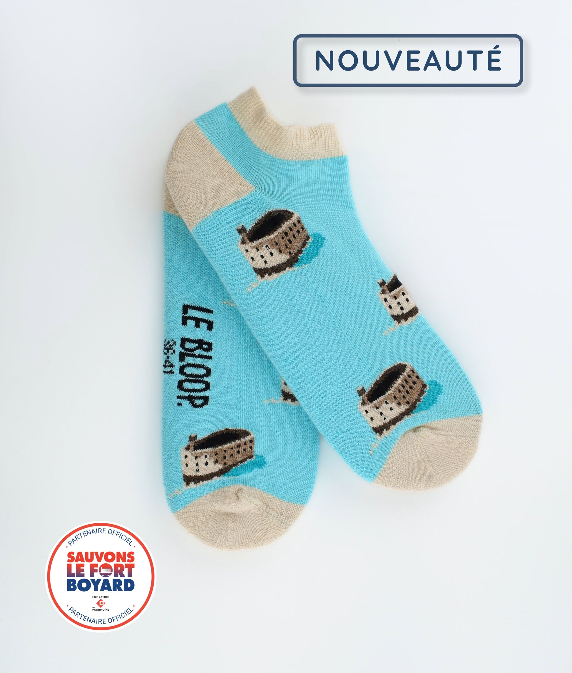 Socquettes fantaisie en coton biologique bleues avec motif Fort Boyard