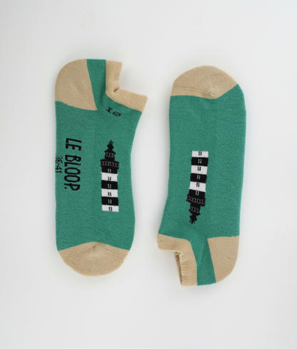 Socquettes fantaisie en coton biologique vertes avec motif de phares du bord de mer